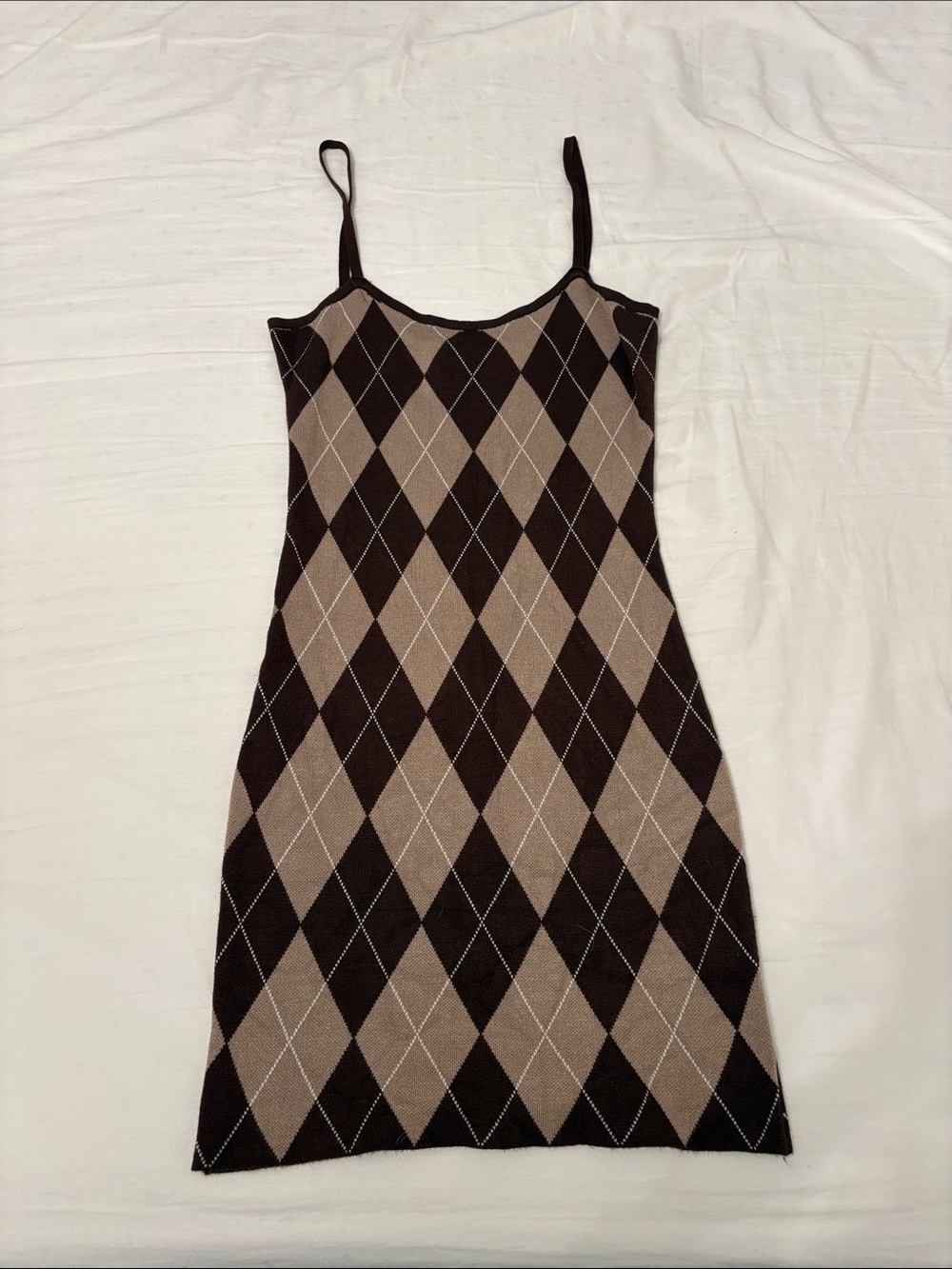 Cider Argyle Knit Slip Dress in Brown and Tan